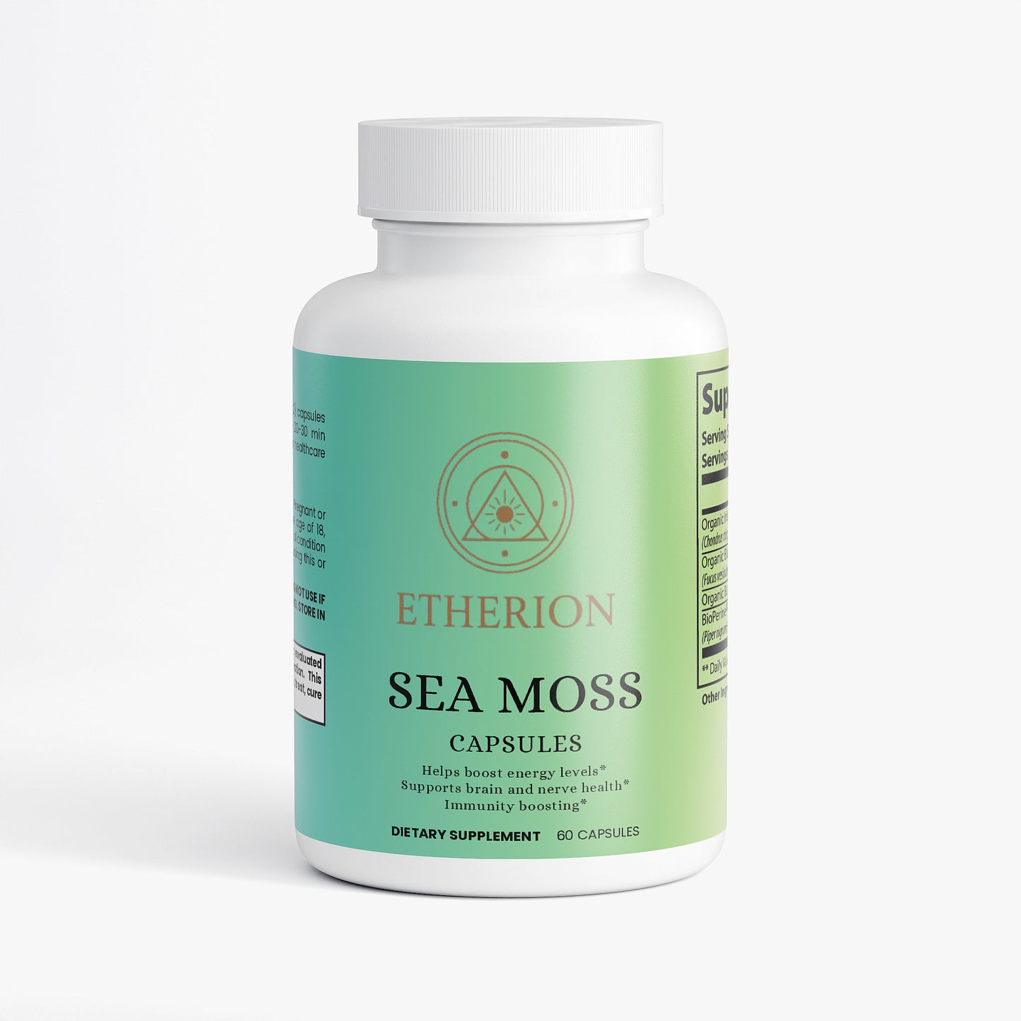 Bottle of Etherion Sea Moss capsules on a white background