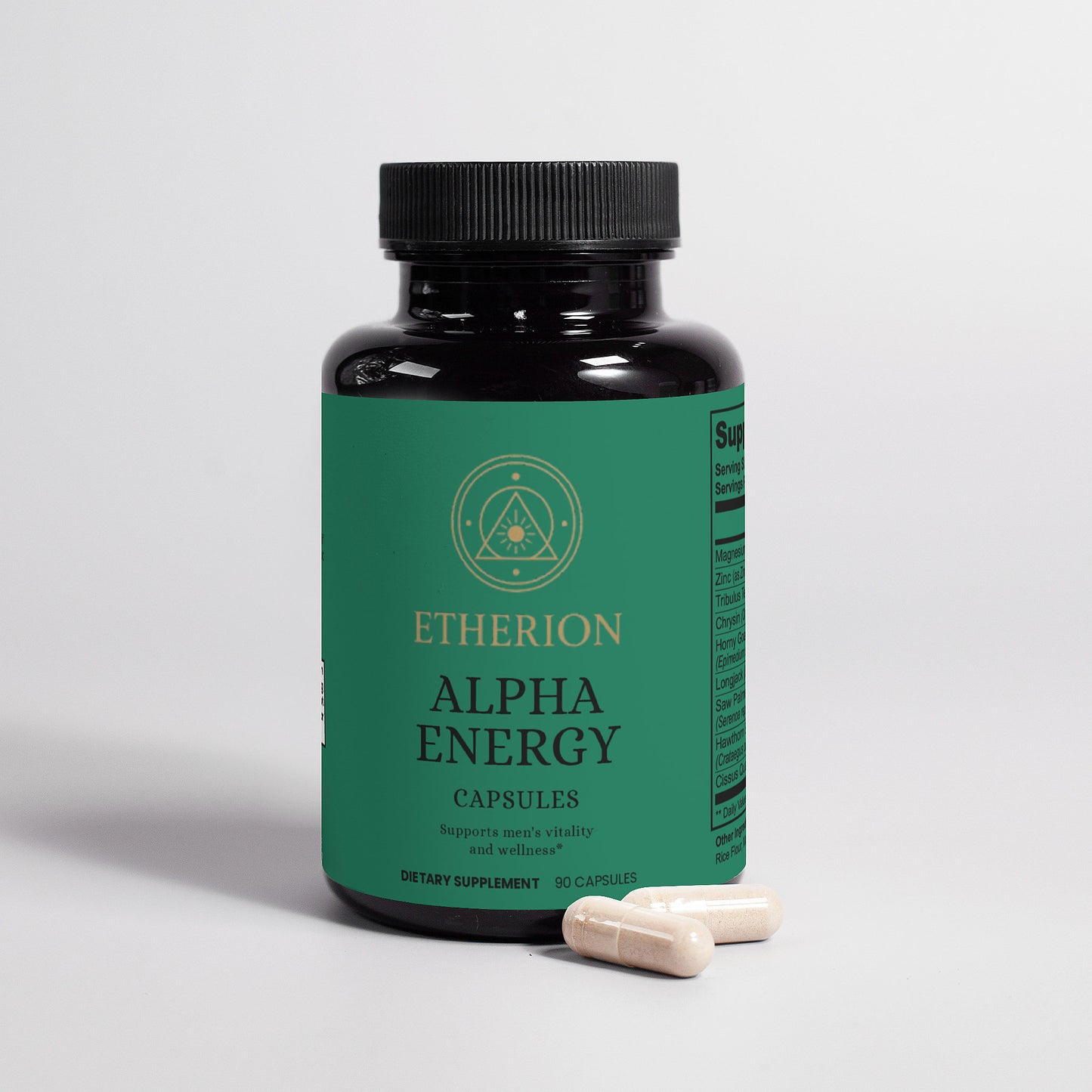 Bottle of Etherion Alpha Energy capsules on a light gray background