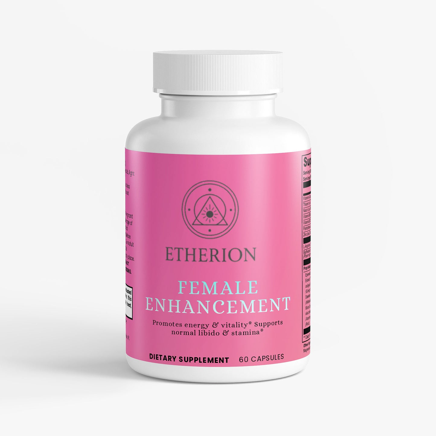Supplement bottle with pink label on a white background