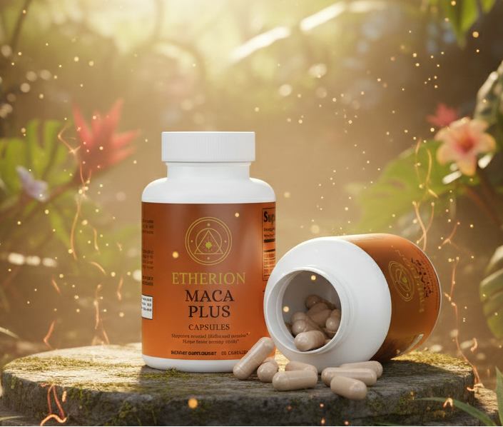 Maca Plus supplement bottle in a tropical setting