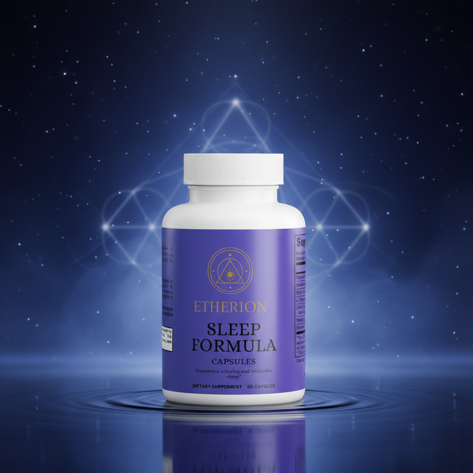 Ethereon Sleep Formula capsules bottle on a reflective surface with a mystical background