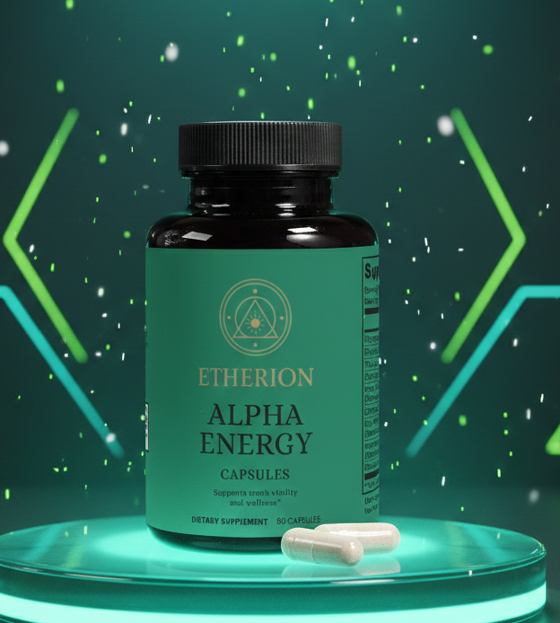 Bottle of Etherion Alpha Energy on a green platform with a futuristic background