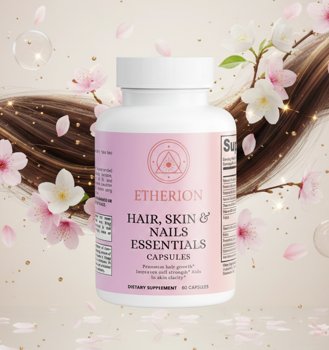 Supplement bottle labeled 'Etherion Hair, Skin & Nails Essentials' with cherry blossoms and hair in the background