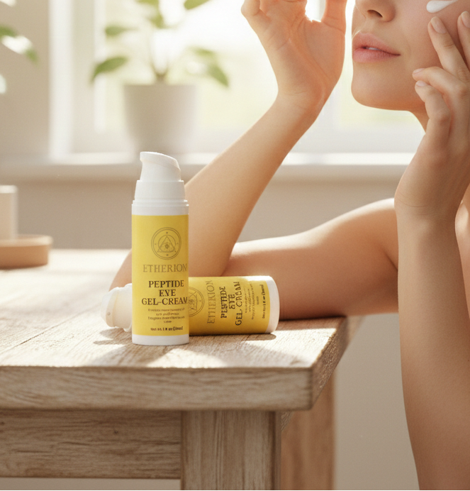 Woman applying facial cream with skincare products on a wooden table.