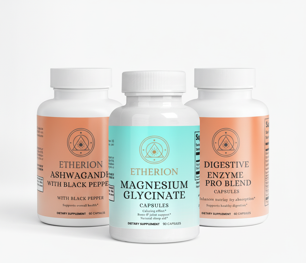 Three supplement bottles labeled 'Etherion' on a white background with text 'Stress Relief & Sleep Support Wellness Bundle'.